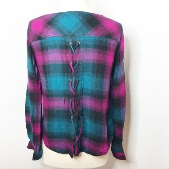 Cloth & Stone Plaid Lace Up Back Flannel Shirt Size XS - Picture 4 of 6